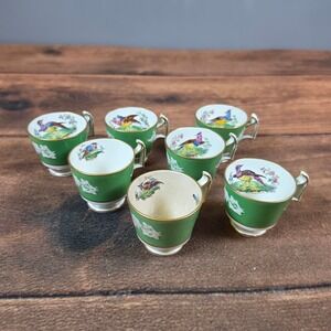 Copeland Spode Demitasse Cups Set 7 Green Gold Bird of Paradise Good Antique